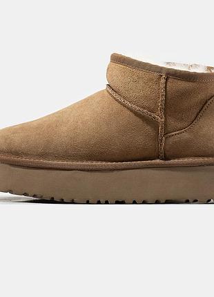 Женские зимние угги ugg ultra mini platform beige, теплые ботинки на платформе, обувь на зиму на овчине мех