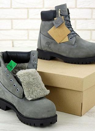 Женские зимние серые ботинки timberland gray fur, обувь из нубука на меху овчина, тимберленд на шнуровке 39