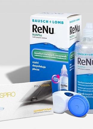 Комплект контактные линзы для зрения гидрогелевые квартальные pegavision respiro+раствор для линз bausch & lomb renu multiplus +2.25