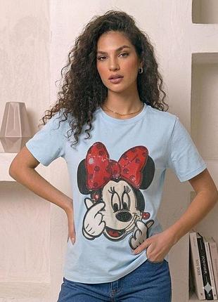 Жіноча футболка оверсайз з принтом minnie mouse та паєтками з куліру (блакитний, універсальний)