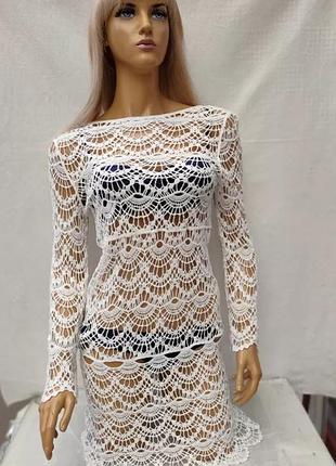 Туника- платье пляжное из кружевного гипюра с рукавом m xl белая 42-44 укр