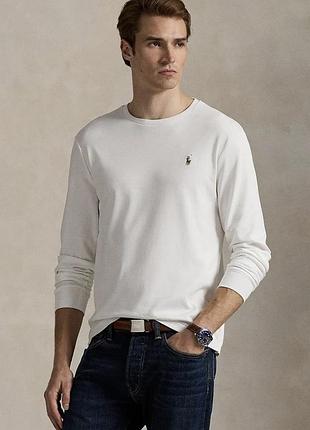 Чоловічий білий лонгслів polo ralph lauren із фірмовим вишитим кольоровим логотипом
