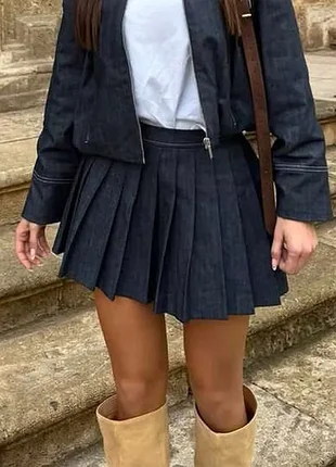 Стильная джинсовая юбка мини zara р m, деним, плиссе, плиссированная