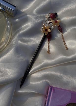 Заколка для волос деревянная с цветами желтый (80к016)