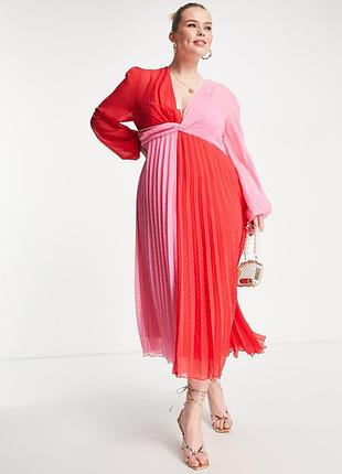 Колор блок яскрава рожева червона міді сукня великого розміру asos curve plus size плісе розмір 20