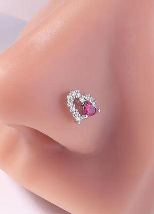 Серьга серебристая сердце в сердце с красным фианитом для пирсинга носа ornatusdivinus983
