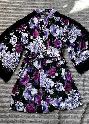 Халат victoria's secret satin lace kimono floral print xs/s