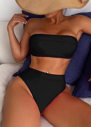 😍🔝черный купальник с высокими плавками и лифом бандо s m