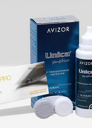 Комплект контактні лінзи для зору гідрогелеві квартальні pegavision respiro + розчин для контактних лінз avizor unica sensitive -9.5