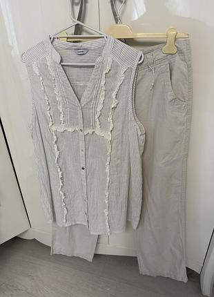 Блузка сорочка рубашка костюм сірий молочний бежевий літній без рукавів жилетка прямі брюки бавовна