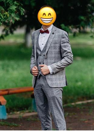 Чоловічий костюм-трійка marco menti slim fit р.48, 80% вовна, сірий у клітинку
