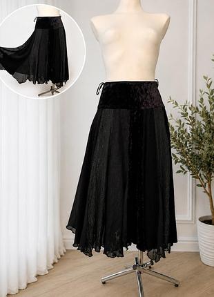 Черная юбка, с бархатитом и кружевом, laura jeans, р.42, юбка, женская юбка, меди