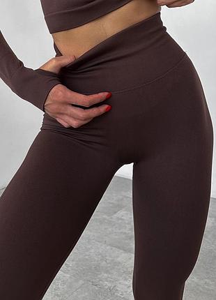 Спортивные бесшовные женские леггинсы лосины hot (шоколад) для фитнеса, спорта, йоги c двойным пушап, v-пояс l