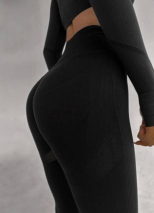 Безшовний костюм для спорту, фітнесу, бігу, йоги push up (рашгард, легінси), чорний l
