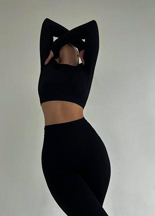 Безшовний костюм для спорту, фітнесу, бігу, йоги push up (рашгард, легінси), чорний m