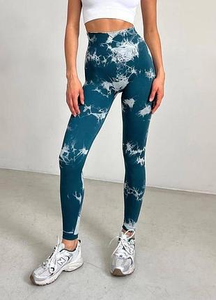 Спортивні жіночі легінси marble tie-dye темно-бірюзові з ефектом push up (безшовні) для фітнесу, йоги, бігу, l