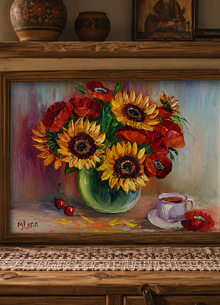 Подсолнухи с маками, натюрморт,оргалит, 35х45