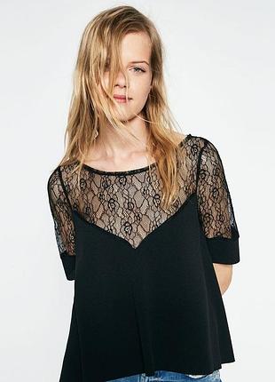 Zara новий жіночий чорний кроп топ вкорочений блуза блузка мереживний шикарний з кружевом квітів короткий рукав весна осінь