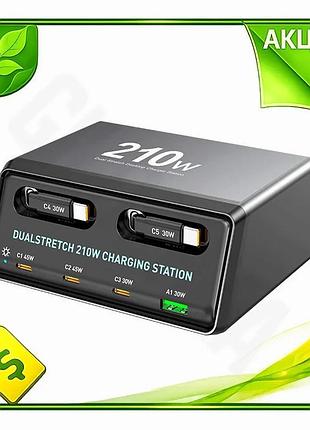 Ve сетевая зарядная станция wlx-60e new version 210w с кабелями 6 портов usb-c и usb-a для зарядки уст n6w_ver