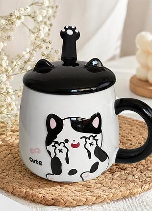 Чашка керамическая с крышкой и ложкой котик cute 360 ​​мл - подарочная кружка для чая и кофе.