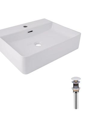 Комплект qtap nando lt: раковина підвісна прамокутна 500х420х130 мм white + донний клапан pu02o