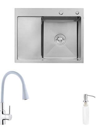 Комплект кухонна мийка kroner gebürstet-6350rhm + змішувач küche-c031gra + дозатор spender-016