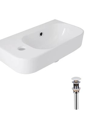 Комплект qtap tern: раковина підвісна прамокутна ліва 450х250х158 мм white + донний клапан pu02o