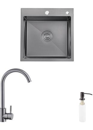 Комплект кухонна мийка kroner schwarze-4545hm pvd + змішувач edelstahl klassisch-sch035pvd + дозатор