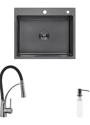 Комплект кухонна мийка kroner schwarze-6050hm pvd + змішувач ersel-grp03393blk + дозатор spender-026