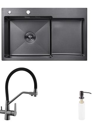 Комплект кухонна мийка kroner schwarze-7848lhm pvd + змішувач edelstahl klassisch-pvd03817blk + дозатор