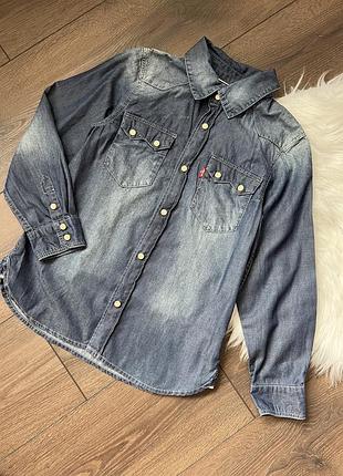 Синя блакитна джинсова денімова сорочка рубашка довгий рукав левіс levi’s для хлопчика хлопця 10 років 140 см на кнопках