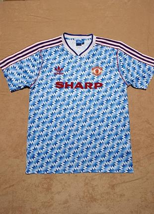 Ретро футболка manchester united away 1990/92 adidas originals sharp vintage blue zigzag