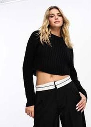 Женский черный топ в широкий рубчик с длинными рукавами от cotton