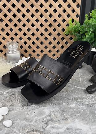 Gucci studded logo bee slides sandals black leather мужские шлепанцы кожа оригинал 41.5 eur