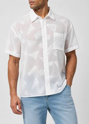 Мужская вискозная рубашка белая полупрозрачная с коротким рукавом m l xl xxl