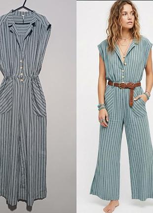 Free people летний хлопковый / лёнкомбинезон free people ( модель hailee jumpsuit или give me stripes ) в полоску, голубой кюлоты оверсайз, м