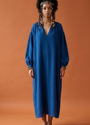 Натуральное, синее платье рубашка миди из муслина с длинными рукавами h&m