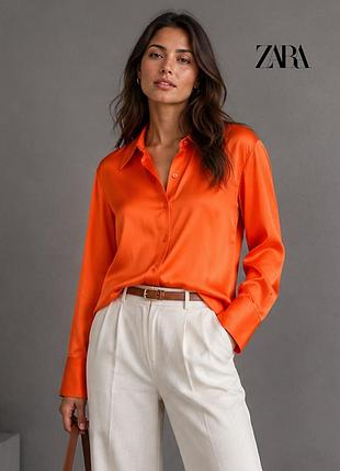 Новая оранжевая плотная сатиновая рубашка zara s-m