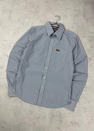 Блакитна щільна приталена сорочка superdry shirt shop в смужку з логотипом