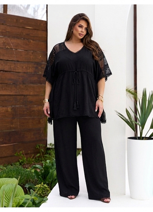 Легкая черная туника-пончо lc waikiki 🖤 с кружевом и завязками (размер 40 / l-xl)