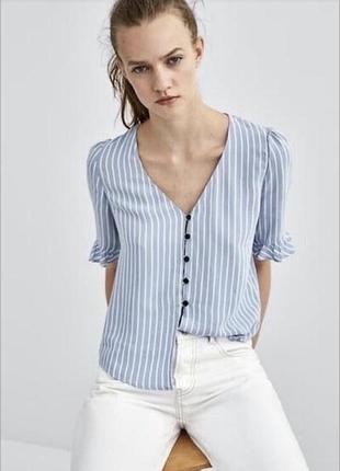 💙 блуза zara у смужку з віскози | блакитна | розмір m (38)