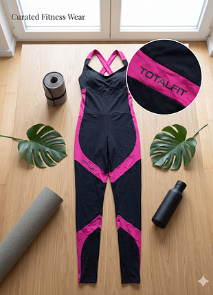Спортивный фитнес-комбинезон totalfit черный с розовым неон, размер s