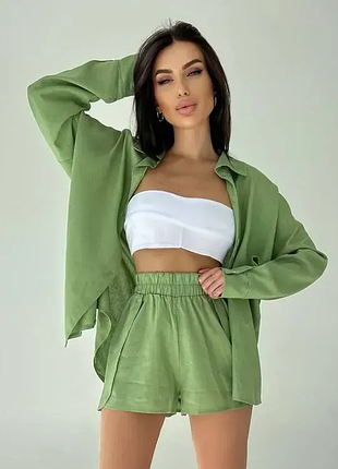 Костюм женский двойка рубашка и шорты лен 2 цвета 42-46 sin1528-651sве, p0288-651jал
