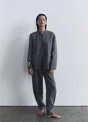 Zara лляний костюм зі 100% льону льняной розмір л блейзер піджак у китайському стилі штани