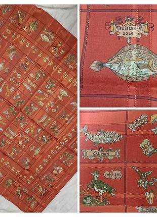 Винтажный платок boots итальялия с золотистыми полосками и принтом дичи, грибов, рыбы и паприки, терракотовый платок с рисунком фазана и утки