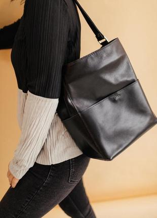 Черная кожаная сумка, шоппер из натуральной кожи