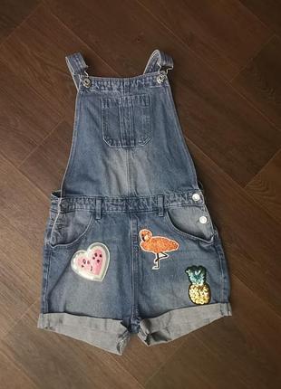 Детский джинсовый комбинезон комбез denim 12 13 лет 152-158 рост нашивки аппликации
