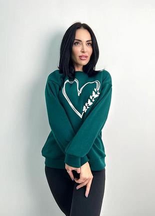 Утепленный свитшот с принтом "heart" | батал 54-56, темно-зеленый
