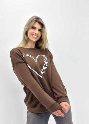 Утеплений світшот з принтом "heart" | батал 54-56, шоколадний