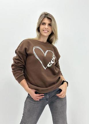 Утеплений світшот з принтом "heart" | норма і батал 54-56, шоколадний